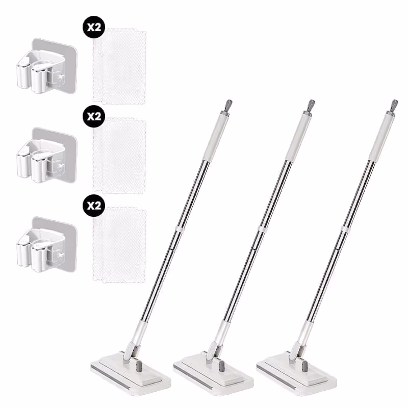 Hands-Free Multi-Purpose Flat Mop and Reusable Toaster Bag styled as clean modern home objects on a kitchen countertop